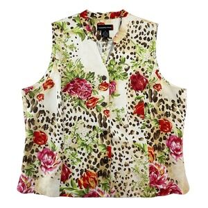 SANDRA KING‎ Silk & Linen Floral Button-Up Tank / Vest • 16 • beige, red, green